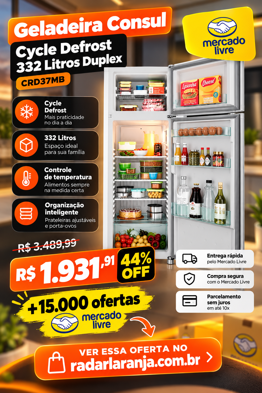 Oferta da Geladeira Consul Cycle Defrost 332 Litros Duplex CRD37MB